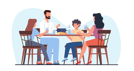 Happy family is having dinner at kitchen table. Parents with children. Mother, father and kids eating together. Breakfast or lunch. Weekend meal. Cartoon flat isolated vector concept