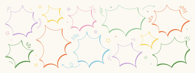 Set of hand-drawn speech bubbles. Colored vector chat speech or dialogue. There are icons such as arrows, dots, and sparkles