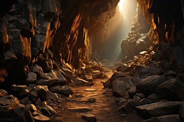 Narrow Tunnel Illuminated by Light in a Expanse of Natural Landscape Generative AI