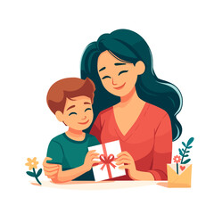 Fototapeta premium The illustration shows a warm moment between a mother and her son. A mother looks lovingly at her son as he gives her a gift, symbolizing the gratitude and love expressed on Mother's Day