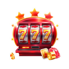Slot machine with lucky sevens jackpot. Lucky seven 777 slot machine for casino games. Colorful PNG illustration on white background.