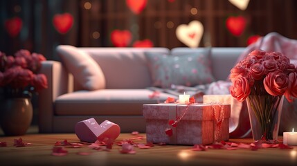 Obraz na płótnie Canvas Valentine's Day room adorned with engagement gift box champagne glasses and roses on blurred home background with sofa, confetti, garland