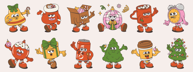 Merry Christmas and Happy New Year collection. Tree, Santa Claus, cocoa, xmas sock, coffee, soda, gift, balls, bell of trendy retro mascot style. Groovy cartoon characters