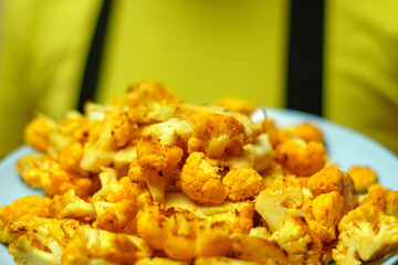 Cauliflower steaks, Vegetable meat substitute. Selective focus