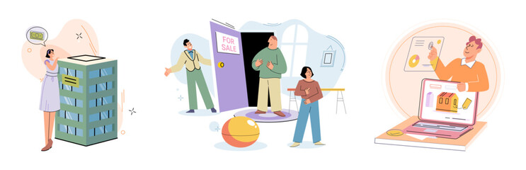 Real estate search. Vector illustration The property with mortgage served as collateral for loan Buyers utilized real estate search concept to find their dream home People looking for home considered