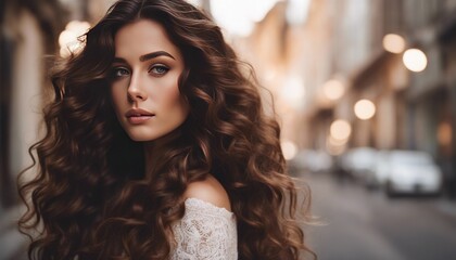 Brunette girl with long and shiny wavy hair. Beautiful model with curly hairstyle