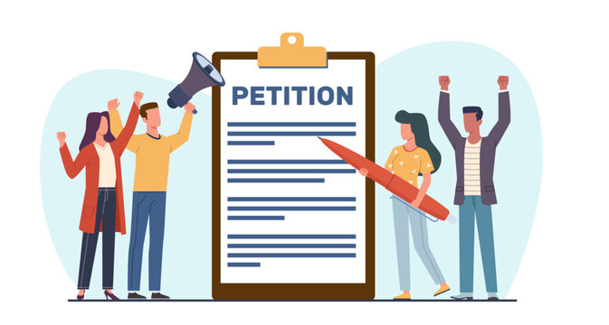 Petition, collective appeal. Online balloting, men and women with megaphone and pen. People signing and spreading electronic document for government cartoon flat isolated vector concept