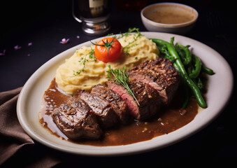Beef steak with mashed potatoes in gravy sauce and green boiled beans on table.Macro.AI Generative.