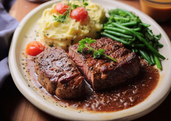 Plate with beef steak in gravy sauce with mashed potatoes and green boiled beans.Macro. AI Generative.