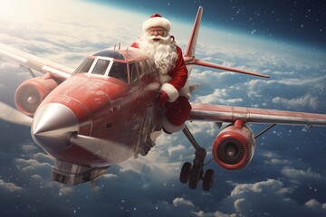 Santa Claus arriving at north pole by red plane illustration