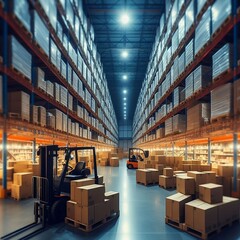 forklift in Retail warehouse full of shelves with goods in cartons. Logistics and transportation blurred background. Product distribution center created with generative ai - obrazy, fototapety, plakaty