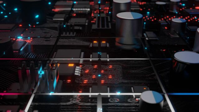 endless forward movement over a stylized motherboard with a flashing blue grid. looping abstract animation. motherboard concept. 3d render