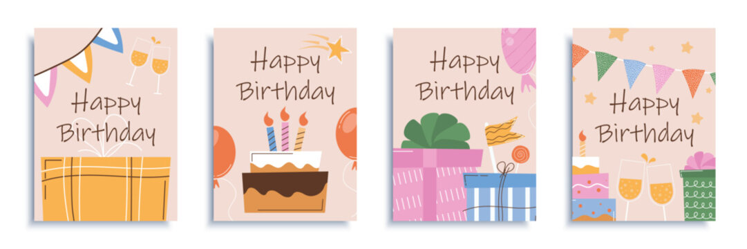 Happy birthday cover brochure set in flat design. Poster templates with surprise party decor and celebration symbols, gifts, flag garlands, cake with candles, glasses champagne. Vector illustration.