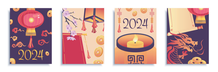 China Christmas 2024 cover brochure set in flat design. Poster templates with chinese new year symbols, red lanterns, sakura flowers, golden coins, candles and zodiac Dragon. Vector illustration.