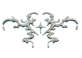 3D chrome neo tribal shape, liquid y2k metal futuristic heart, silver retro glossy holographic art. Metallic shiny cyber aesthetic, melted aluminium mystic icon, futuristic design. Chrome shape - obrazy, fototapety, plakaty