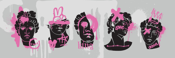 Greek sculpture urban set, vector ancient statue head, y2k graffiti fashion print goddess silhouette. Street contemporary grunge splatter, classic character face acid trendy pink logo. Greek sculpture