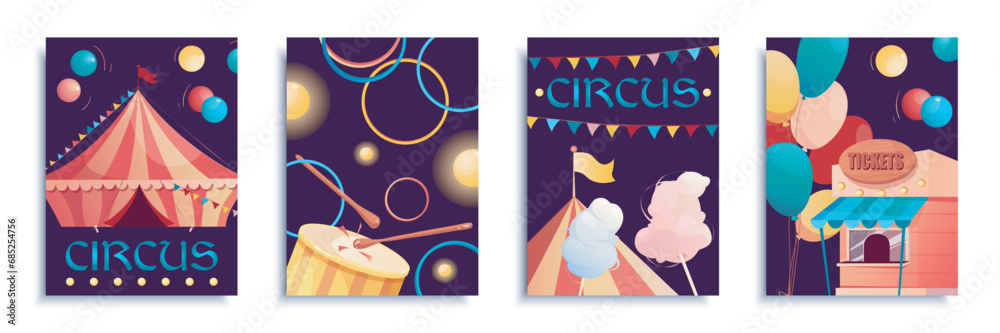 Wall mural circus cover brochure set in flat design. poster templates with colourful tent for art performance, 