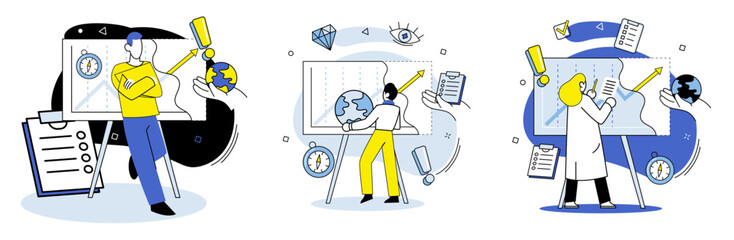Data visualization vector illustration. The data visualization metaphor compares data analysis to creating visual masterpiece Strategy formulation involves developing plan action to achieve business