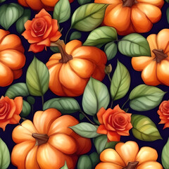 seamless pattern with pumpkins and roses