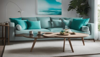 Fabric sofas with turquoise pillows. Coastal home interior design of modern living room in seaside