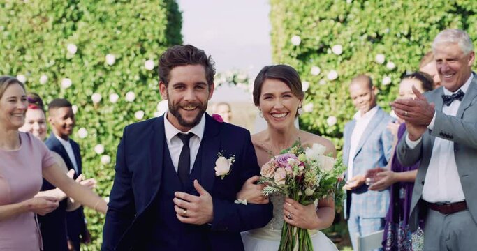 Wedding, love and confetti with couple at reception for romance, marriage ceremony and event. Bride, groom and support with man and woman in outdoor for happiness, future and commitment together