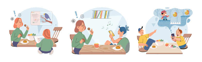 Gadget addiction. Vector illustration. Cellphones have become common tool for communication in digital era Effective communication requires strong connection between individuals The use gadgets