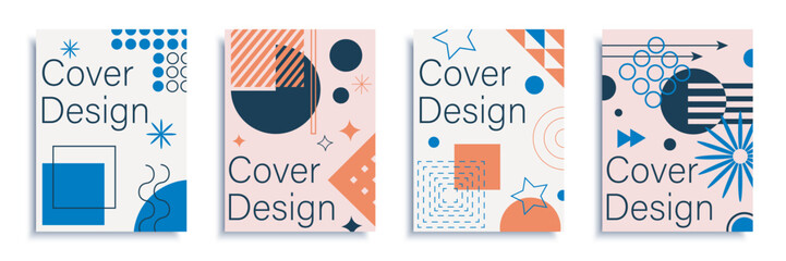 Geometric cover brochure set in flat design. Poster templates with abstract simple minimal forms of squares, circles, stars, arrows, dots and halftone prints, curves and lines. Vector illustration.
