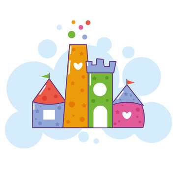 Multicolored cute castle on blue background