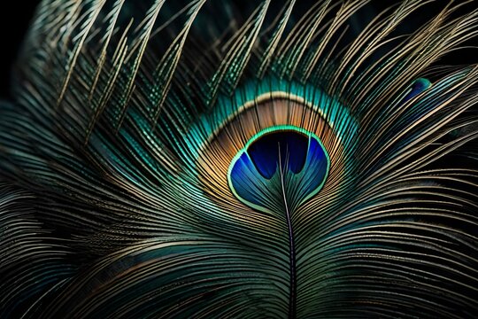Produce an exquisite image capturing the delicate and intricate details of a macro shot of a peacock feather. 