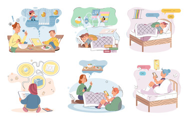 Gadget addiction. Vector illustration. The gadget addiction metaphor illustrates harmful impact excessive device usage Addiction to gadgets is growing concern in todays digital age Many individuals