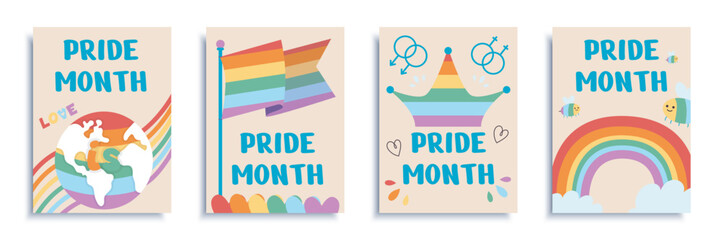 LGBT pride month cover brochure set in flat design. Poster templates with LGBTQ community symbols and signs, rainbow flags, crown and globe, love freedoms and rights equality. Vector illustration. - obrazy, fototapety, plakaty