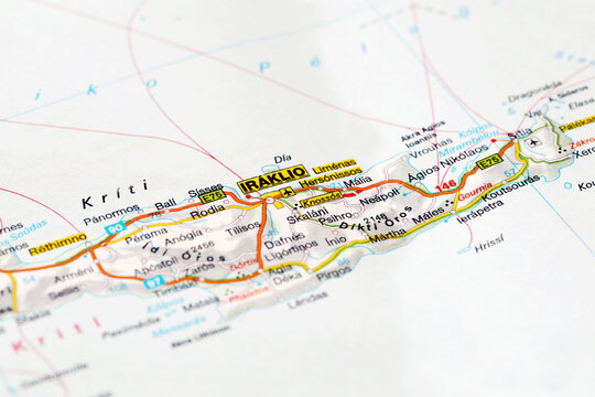 Heraklion, Greece - November 24, 2023: Heraklion city road map. Closeup macro view