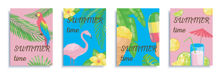 Summertime resort cover brochure set in flat design. Poster templates with palm tree leaves, parrot and flamingo, plumeria flowers, ice creams, cocktail with lemon and lime. Vector illustration.