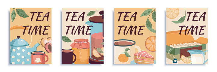 Tea time cover brochure set in flat design. Poster templates with cozy kettle, mugs and cups with beverage, honey or jam, milk in jar, lemons, cakes, cookies, tea packages in box. Vector illustration.