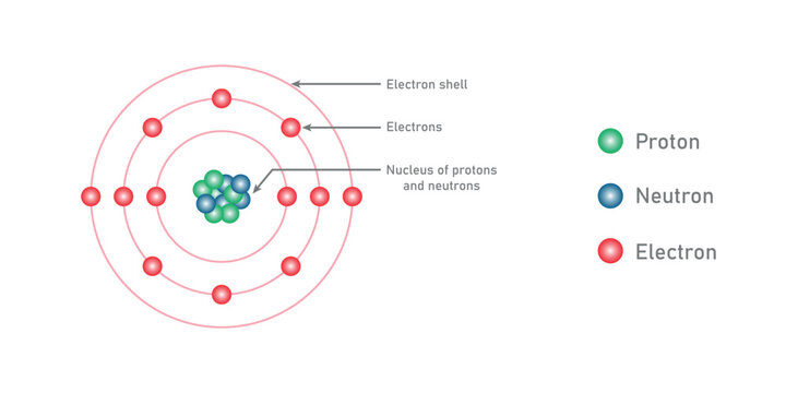 Atom structure model diagram. Bohr atomic model of atom. Electrons, nucleus of protons and neutrons, electron shell. Scientific resources for teachers and students. Vector illustration.