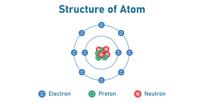 Atom structure model diagram. Bohr atomic model of atom. Electrons, nucleus of protons and neutrons, electron shell. Scientific resources for teachers and students. Vector illustration.