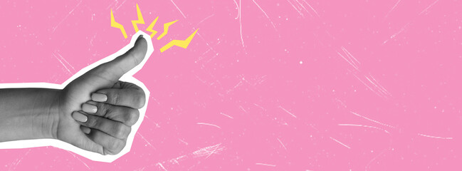 Female hand showing thumbs up gesture on pink background, art collage. Positive hand sign.
