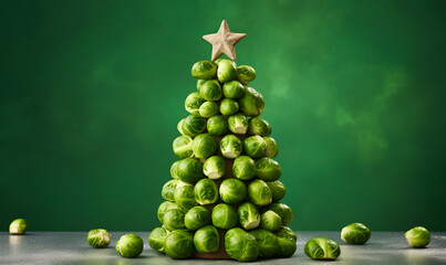 A pile of festive brussels sprouts in the shape of a christmas tree - obrazy, fototapety, plakaty