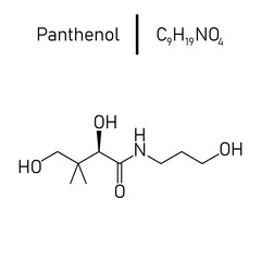 Skeletal formula of Panthenol. Chemical structure of Panthenol (C9H19NO4). Chemical resources for teachers and students. Vector illustration isolated on white background.