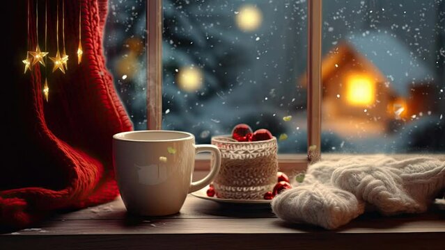 coffee at night with snowfall background. seamless looping time-lapse virtual 4k video animation background.