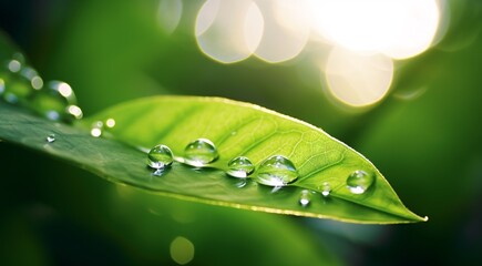 A dazzling, translucent droplet of water on a verdant leaf glimmering in the sunlight creates a captivating scene of nature's seasonal beauty.