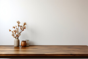 A brown and empty wooden table in front of a white wall, presentation space. Generative Ai.