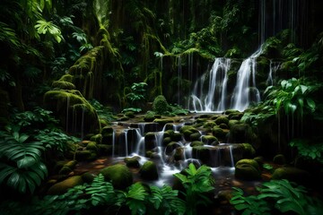 Generate a visually stunning graphic resource featuring the dynamic and textured surface of a cascading waterfall in a lush tropical rainforest. 
