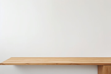 A brown and empty wooden table in front of a white wall, presentation space. Generative Ai.