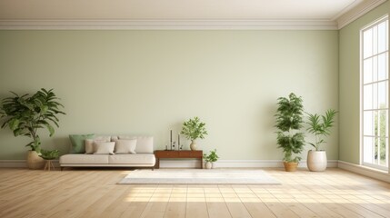 Fototapeta premium Empty minimalist room in modern house or apartment. Pistachio walls, hardwood floor, white comfortable sofa, wooden console, indoor plants in pots, large panoramic window. Mockup.