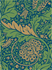 Floral Seamless Pattern. William Morris Pattern Style. Plant Botanical Ornament. Gold and Green  Foliage on Dark Blue, Indigo, Navy Blue Background. Tropical Leaves. Vector illustration. 