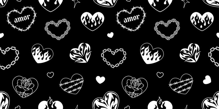 Seamless patern with gothic hearts in 2000s style.  Tattoo flamed hearts on fashion black background. Chain hearts and barbed wire hearts vector seamless pattern for print fabric and textile design
