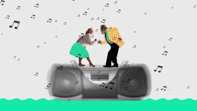 Timeless music. Senior man and woman dressed in 70s, 80s fashion style dancing retro dance on vintage record player on light background. Stop motion, animation. Minimalism. Art, fashion and music.