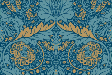 Floral Seamless Pattern. William Morris Style Pattern. Plant Botanical Ornament. Gold Foliage on Dark Blue, Indigo, Navy Blue Background. Tropical Leaves. Vector illustration. 