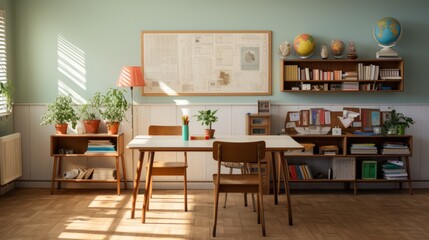 Interior of modern cozy school classroom. Light blue walls, wooden tables and chairs, large geographical map on the wall, stationary on the desks, many textbooks in the bookshelves. - obrazy, fototapety, plakaty